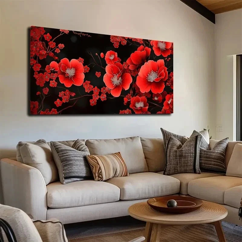 Vibrant Red Flowers on Black Wall Art Canvas Office Home Room Framed 120x60cm