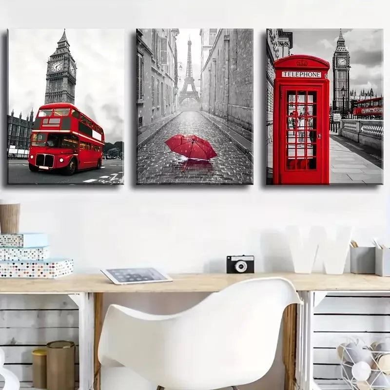 3pcs Featuring London and Paris Street Scenes Wall Art Set Canvas Framed 40x60cm - High Quality Print 100% Australian Made Wall Canvas Ready to Hang