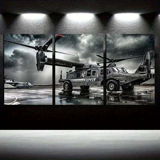 3pcs Military Helicopter Artistic Brownish Aged Metal Print Ready to Hang Art