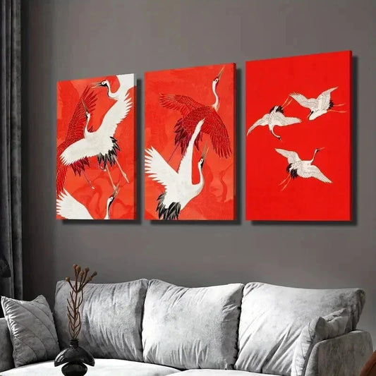 3pcs Vintage Japanese Style Crane Bird Wall Art Set Canvas Framed 40x60cm - High Quality Print 100% Australian Made Wall Canvas Ready to Hang