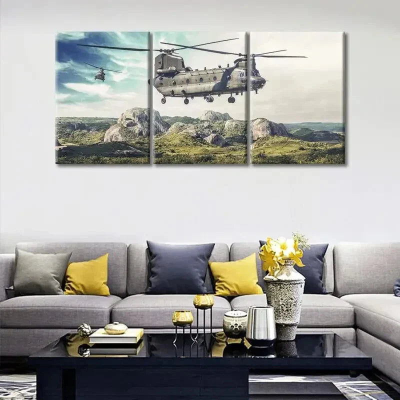 3pcs Heavy-Lift Helicopter Military Aircraft, Metal Print Ready to Hang Art