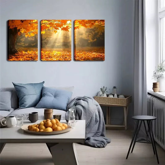 3pcs  Romantic Maple Leaves & Sunlight Triptych Wall Art Set Canvas Framed 40x60cm - High Quality Print 100% Australian Made Wall Canvas Ready to Hang