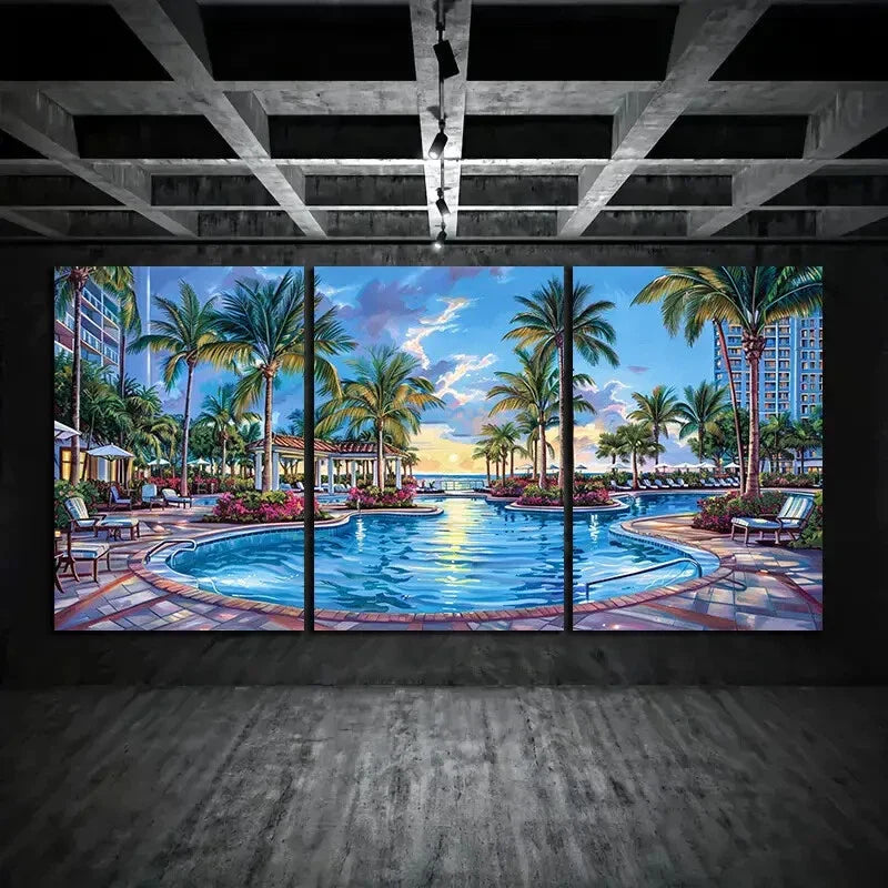3pcs Tropical Poolside White Palm Trees and Blue Metal Print Ready to Hang Art