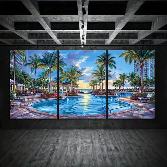 3pcs Tropical Poolside White Palm Trees and Blue Metal Print Ready to Hang Art