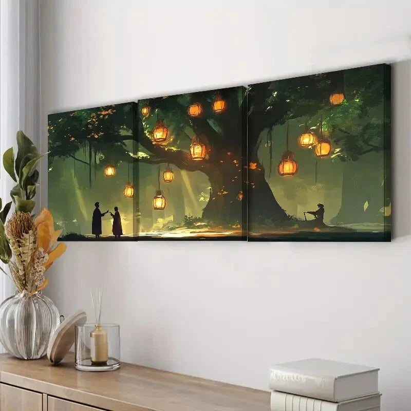 3pcs Lanterns & Old Tree Night Scene Perfect Wall Art Set Canvas Framed 40x60cm - High Quality Print 100% Australian Made Wall Canvas Ready to Hang