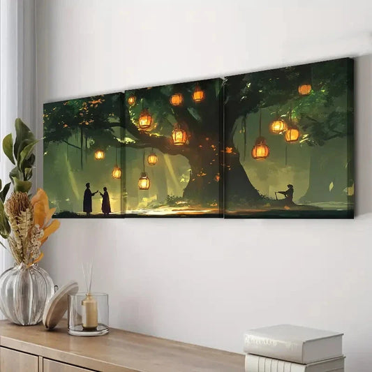 3pcs Lanterns & Old Tree Night Scene Perfect Wall Art Set Canvas Framed 40x60cm - High Quality Print 100% Australian Made Wall Canvas Ready to Hang