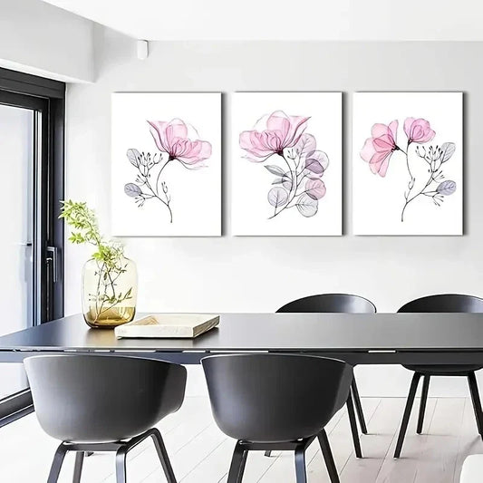 3pcs  Pink Flowers  Metal Print Ready to Hang Art