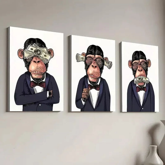 3pcs Modern Aesthetic Fashion Monkey Gentleman Wall Art Set Canvas Framed 40x60cm - High Quality Print 100% Australian Made Wall Canvas Ready to Hang