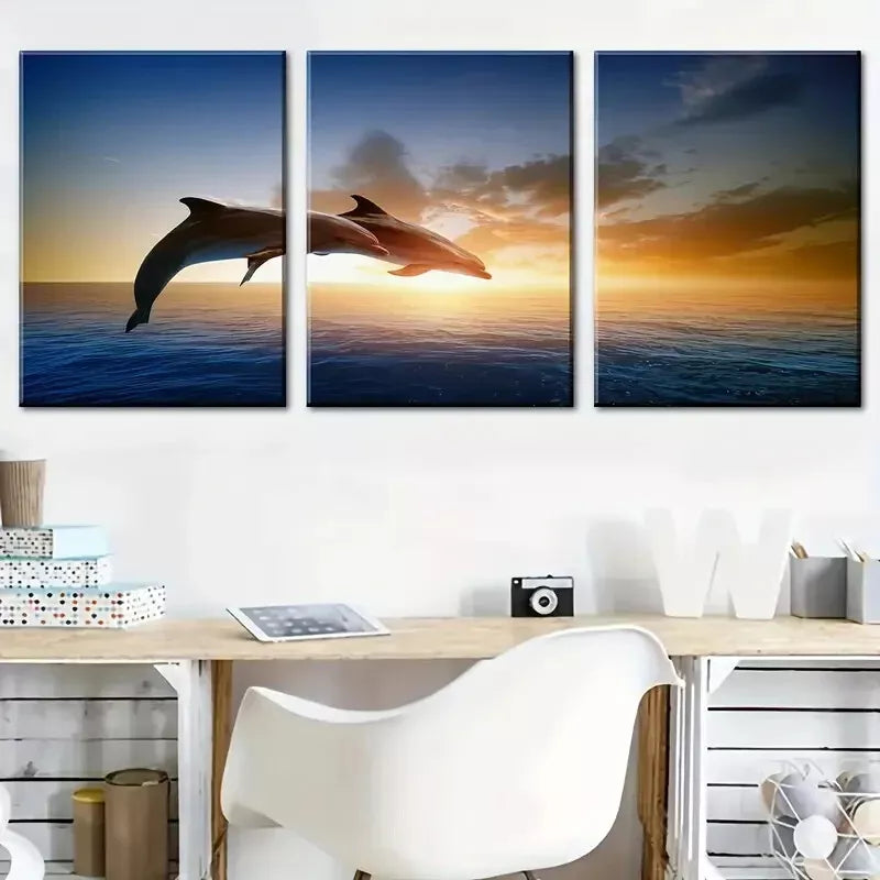 3pcs Featuring Ocean Scenery, Jumping Dolphins   Wall Art Set Canvas Framed 40x60cm - High Quality Print 100% Australian Made Wall Canvas Ready to Hang
