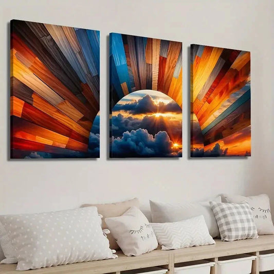 3pcs Cloudy Sunrise and Sunlight in the Sky Wall Art Set Canvas Framed 40x60cm - High Quality Print 100% Australian Made Wall Canvas Ready to Hang