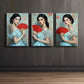 3pcs Elegant Girl with Red Fan Canvas Framed 40x60cm - High Quality Print 100% Australian Made Wall Canvas Ready to Hang