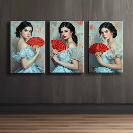 3pcs Elegant Girl with Red Fan Canvas Framed 40x60cm - High Quality Print 100% Australian Made Wall Canvas Ready to Hang