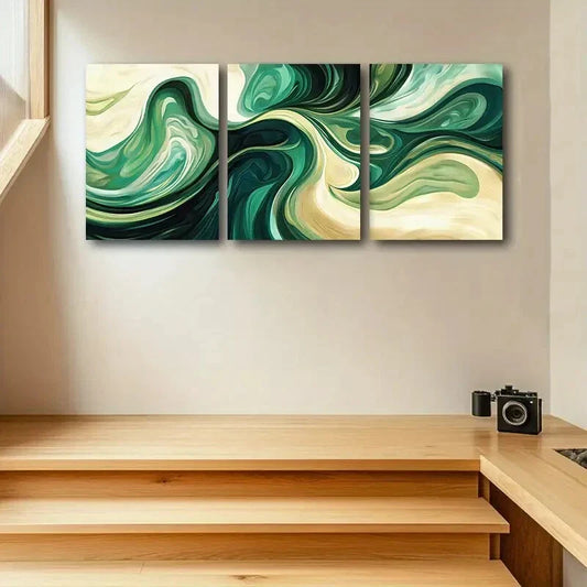 3pcs Modern Green Pigment Vortex Design Metal Print Ready to Hang Art
