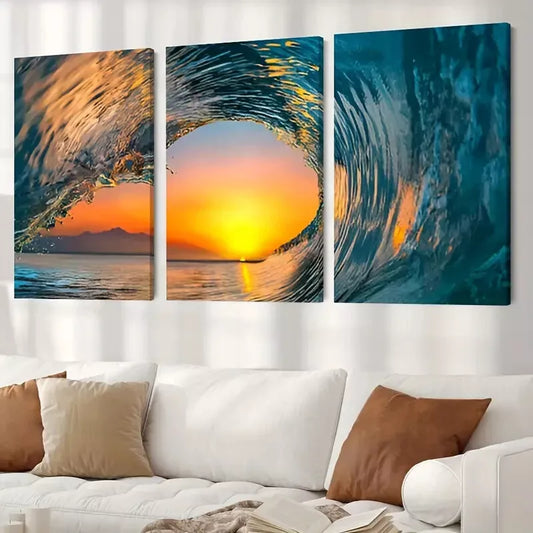 3pcs Ocean Great Wave Surfing and Sunset Canvas Framed 40x60cm - High Quality Print 100% Australian Made Wall Canvas Ready to Hang