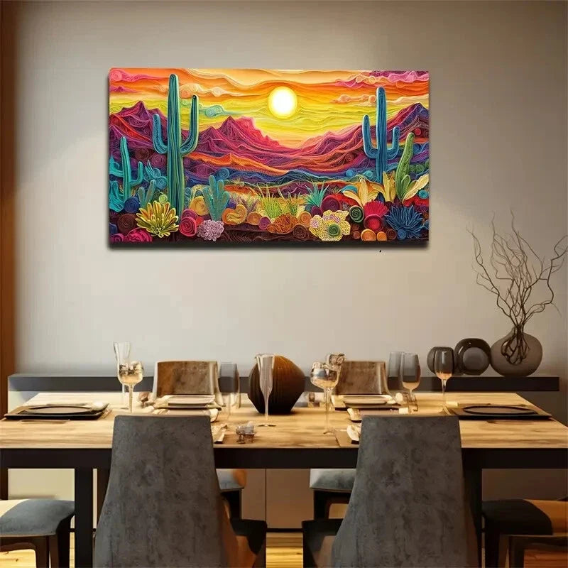 Vibrant Cactus & Mountain Wall Art Canvas Office Home Room Framed 120x60cm