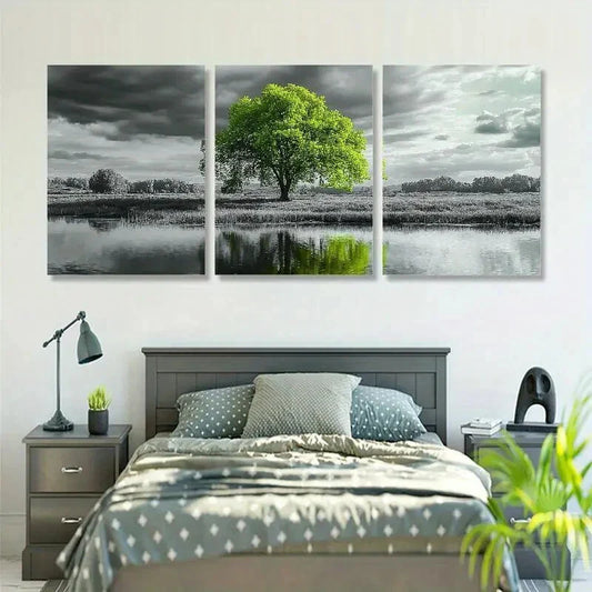 3pcs Modern Black & White Green Tree Landscape Metal Print Ready to Hang Art