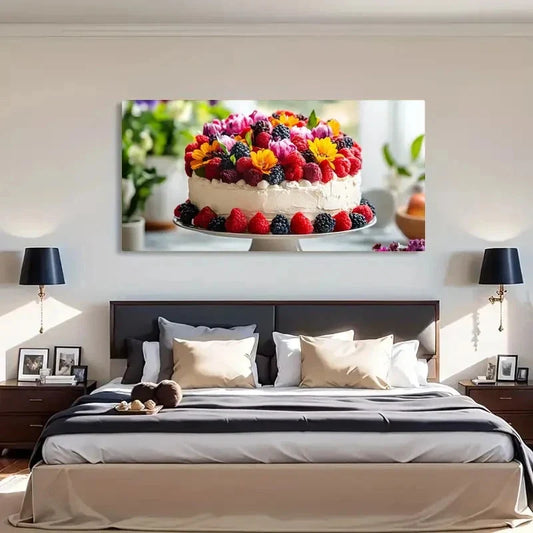 Flowers Berries Cake Dessert Wall Art Canvas Office Home Room Framed 120x60cm