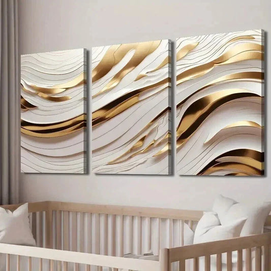 3pcs White And Golden Wave Lines Wall Art Set Canvas Framed 40x60cm - High Quality Print 100% Australian Made Wall Canvas Ready to Hang