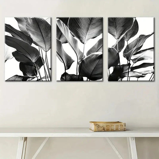 3pcs black and white style natural plant leaf  Metal Print Ready to Hang Art