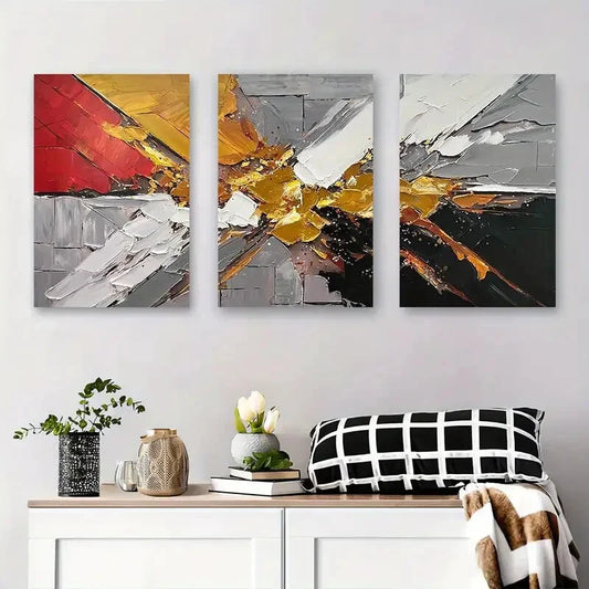 3pcs Abstract Geometric Bold Red, Yellow and Gray Metal Print Ready to Hang Art