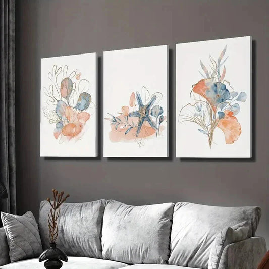3pcs Abstract Seashell Coral Seaweed Wall Art Set Canvas Framed 40x60cm - High Quality Print 100% Australian Made Wall Canvas Ready to Hang