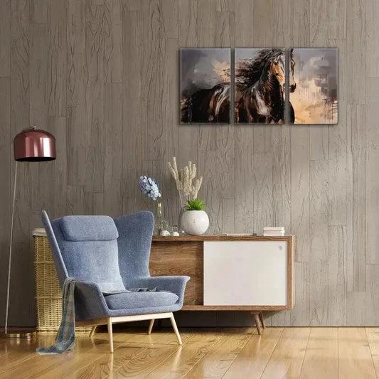 3pcs Brown and Black Running Horse in Country Metal Print Ready to Hang Art