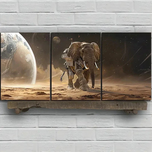 3pcs Small Elephant Space Brown Metal Print Ready to Hang Art