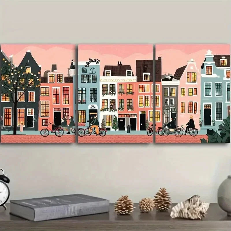 3pcs Beautiful Fairytale Town, Wall Art Set Canvas Framed 40x60cm - High Quality Print 100% Australian Made Wall Canvas Ready to Hang