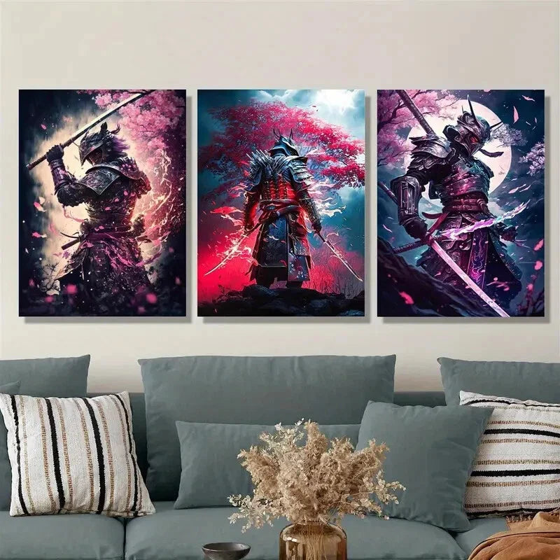 3pcs Japanese samurai painting under cherry blossomMetal Print Ready to Hang Art