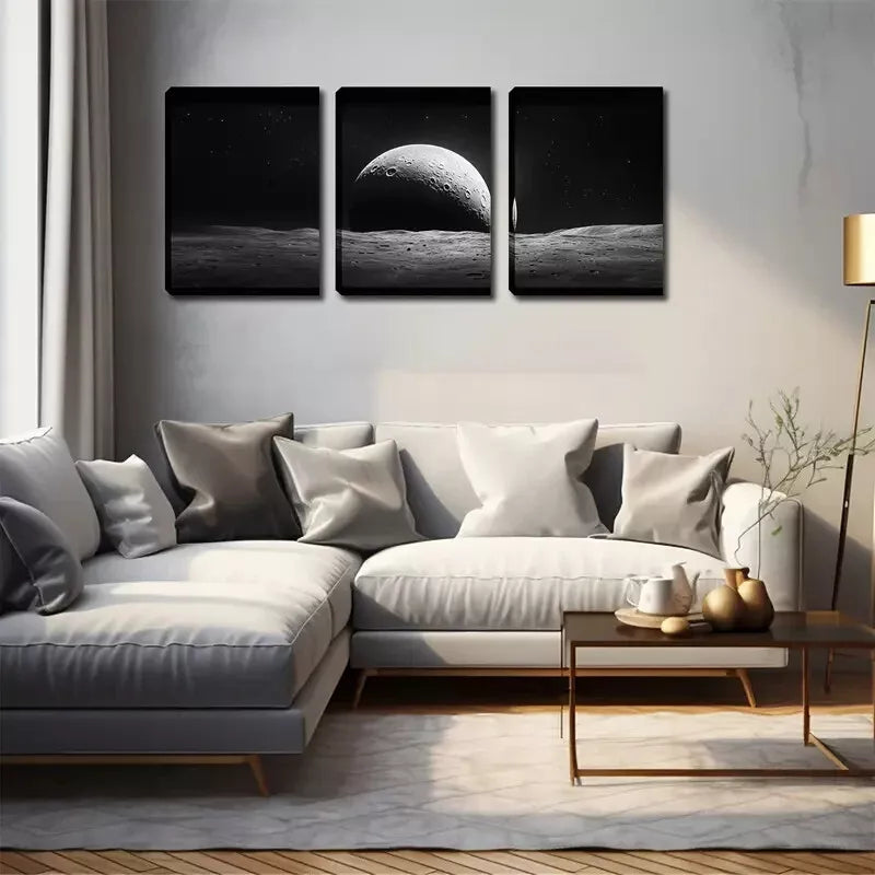 3pcs The Moon In The Universe Wall Art Set Canvas Framed 40x60cm - High Quality Print 100% Australian Made Wall Canvas Ready to Hang