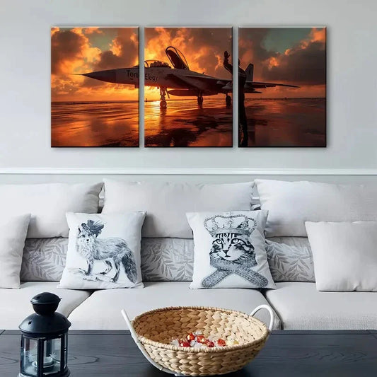 3pcs Sunset Scene with Jet Aircraft Retirement Metal Print Ready to Hang Art