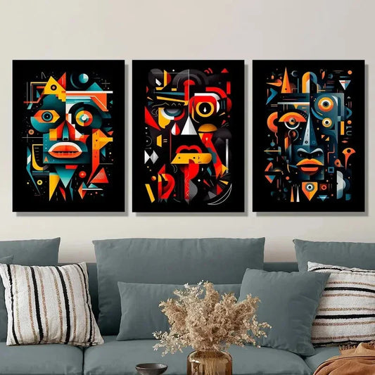 3pcs Vibrant Colorful Facial Illustrations  Metal Print Ready to Hang Art