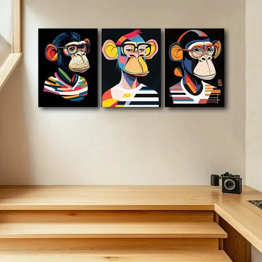 3pcs Featuring a Monkey Wearing Glasses Metal Print Ready to Hang Art