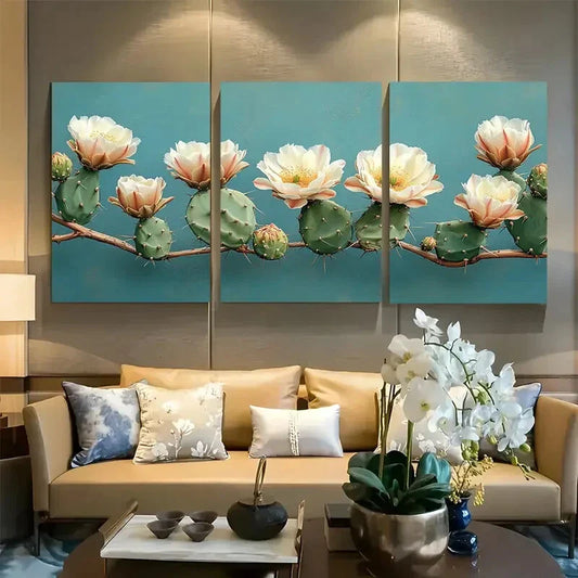 3pcs Prickly Pear Cactus Blooming with Florals Metal Print Ready to Hang Art