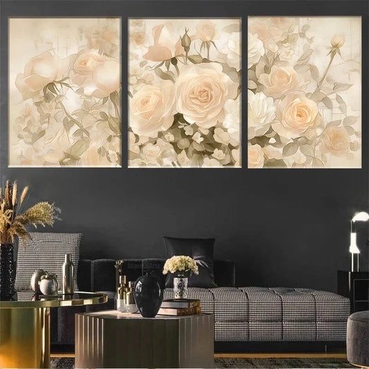 3pcs Elegant Powder Blush Roses & Floral Design Metal Print Ready to Hang Art