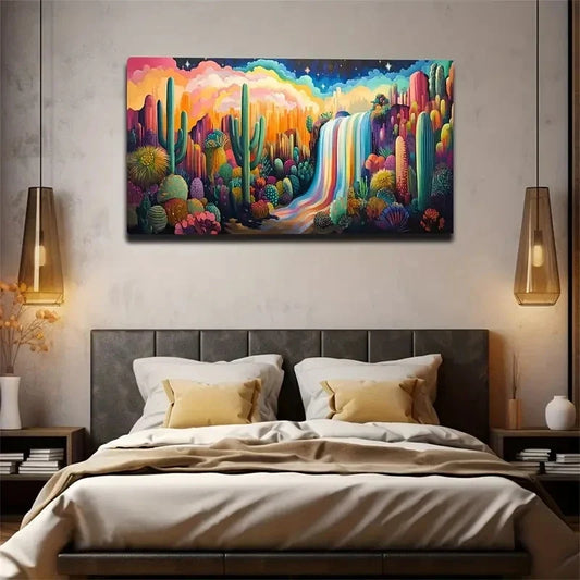 Cactus & Waterfall Landscape Wall Art Canvas Office Home Room Framed 120x60cm