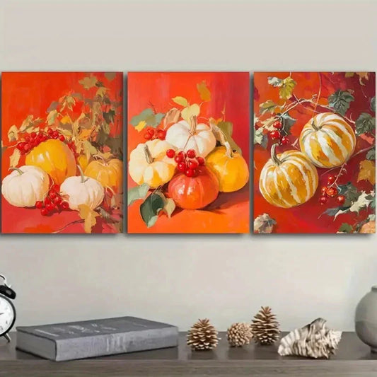 3pcs Pumpkins and red fiscalberry Metal Print Ready to Hang Art