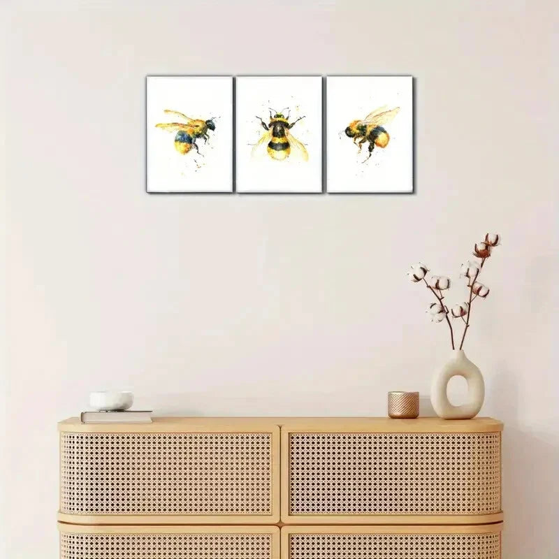 3pcs Vibrant Yellow & Black Honeybee Decor Metal Print Ready to Hang Art