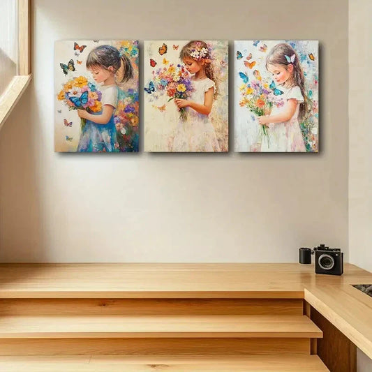 3pcs A Girl holding Flowers Design Metal Print Ready to Hang Art