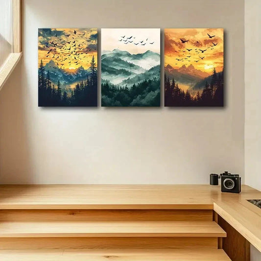 3pcs A Flock of Birds flying with Mountains View Metal Print Ready to Hang Art