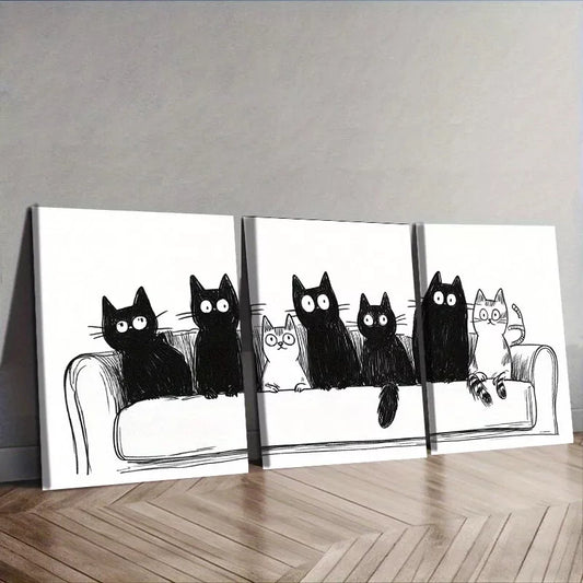 3pcss Cats Sitting on Couch Design Wall Art Set Canvas Framed 40x60cm - High Quality Print 100% Australian Made Wall Canvas Ready to Hang