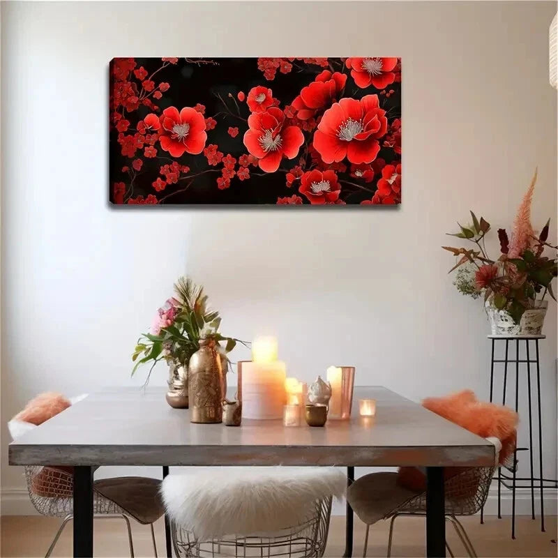Blooming Red Flowers on Black Wall Art Canvas Office Home Room Framed 120x60cm