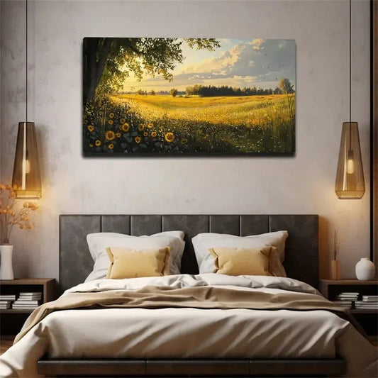 Daisies & Trees Modern Bohemian Wall Art Canvas Office Home Room Framed 80x45cm