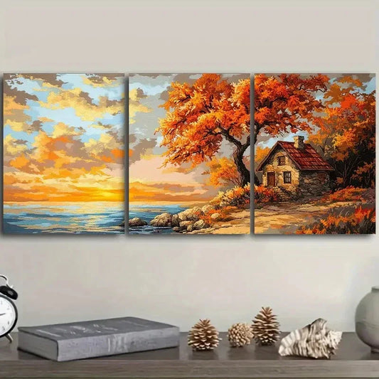 3pcs Vibrant Coastal Sunset Landscape with Autumn Metal Print Ready to Hang Art