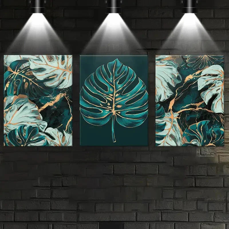 3pcs Rich Teal And Bright Golden Backdrop Metal Print Ready to Hang Art