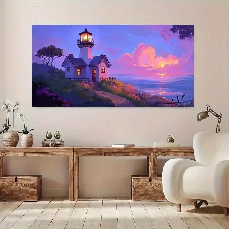 Vibrant Sunset Lighthouse wall canvas office home room framed 120x60cm