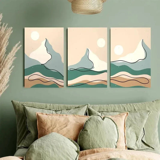 3pcs Abstract Beige & Green Mountain Metal Print Ready to Hang Art