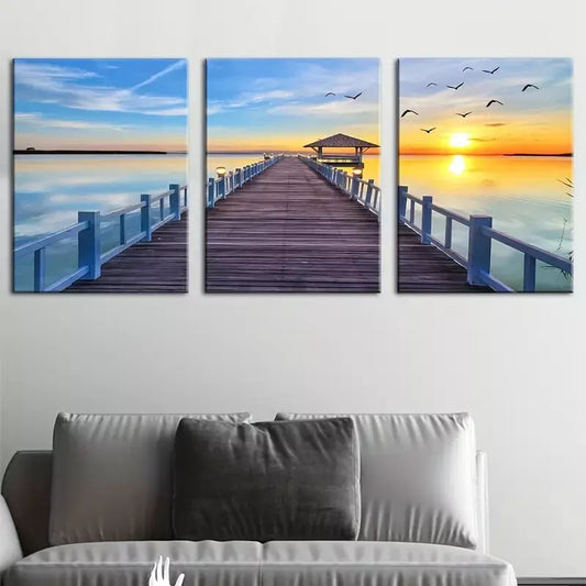 3pcs Natural Pine Wood Pier Sea view Painting Wall Art Set Canvas Framed 40x60cm - High Quality Print 100% Australian Made Wall Canvas Ready to Hang
