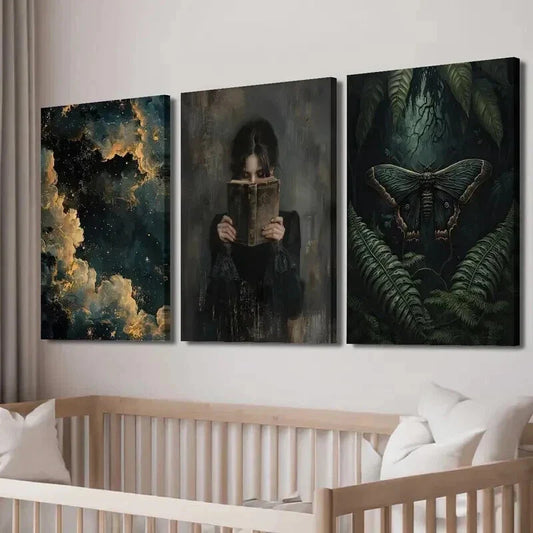 3pcs Dark Female Reading Moth & Botanical Decor Wall Art Set Canvas Framed 40x60cm - High Quality Print 100% Australian Made Wall Canvas Ready to Hang