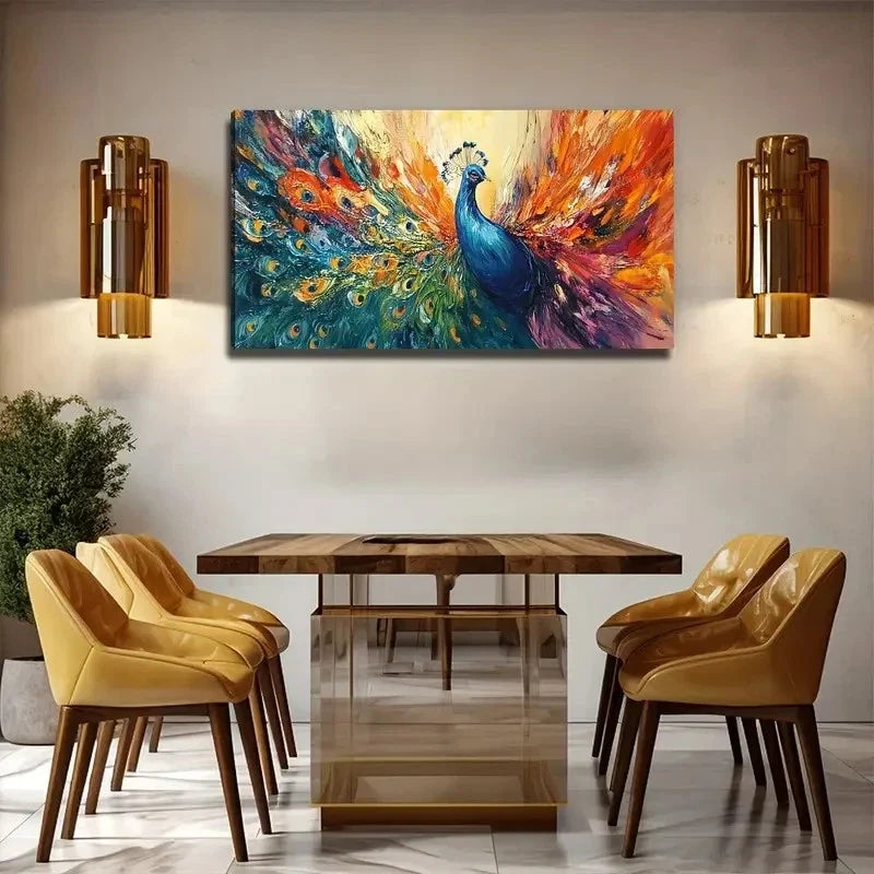 A Large Peacock Wall Art Canvas Office Home Room Framed 80x45cm